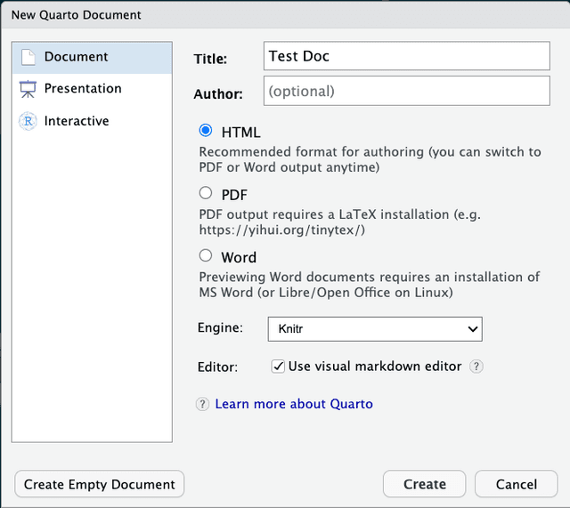 rstudio modal at quarto doc creation